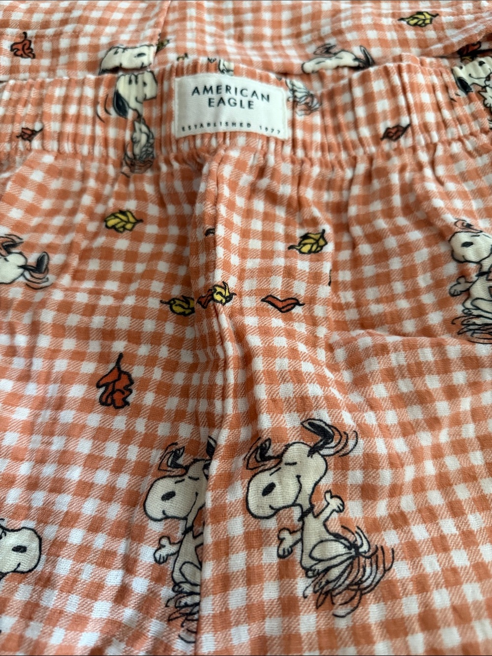 American Eagle Outfitters Peach Gingham Snoopy Pajama Set Sz M. New - Picture 2 of 5